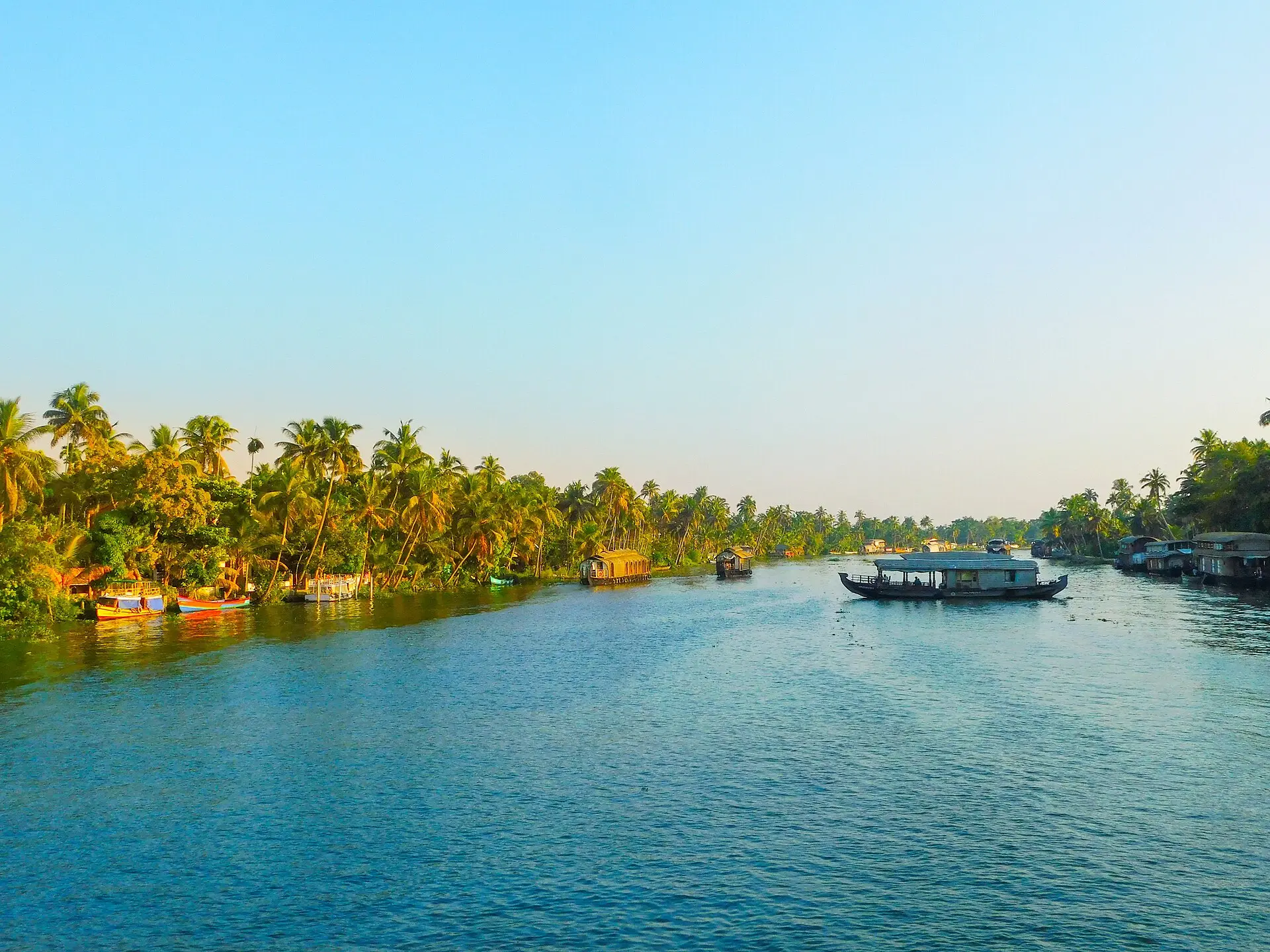 Houseboats moored along a palm-lined canal in the Kumarakom backwaters