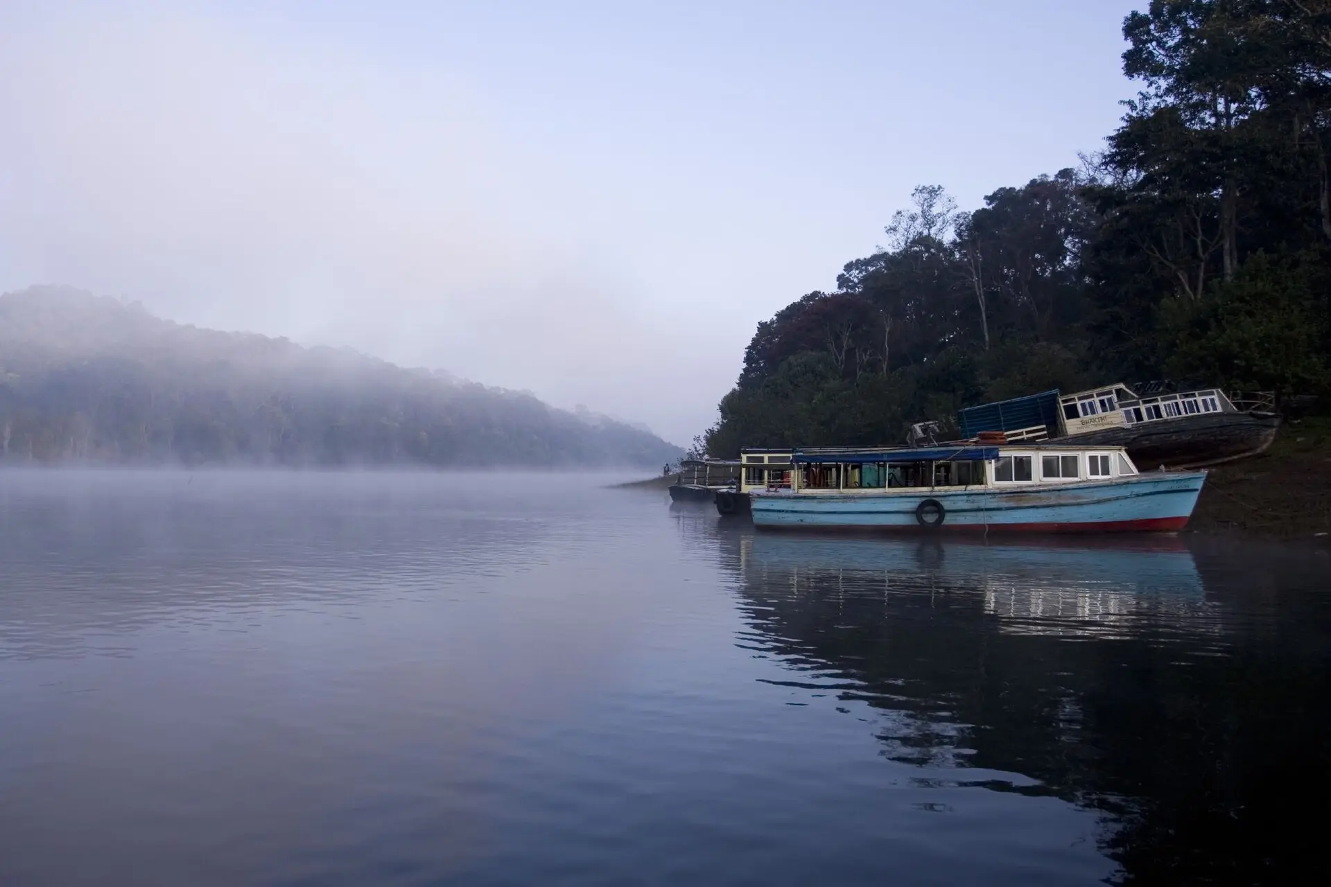 Tour boat on Periyar Lake surrounded by forest at Thekkady